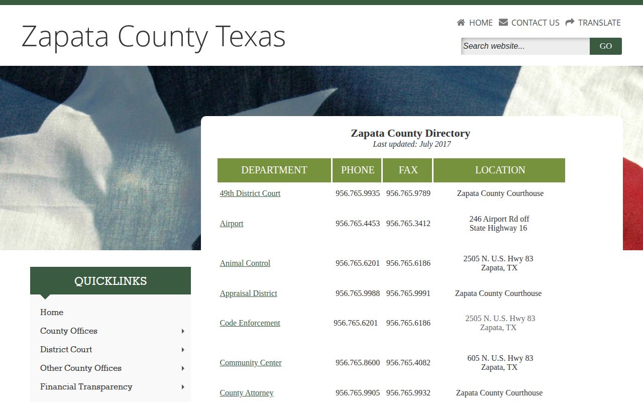 Zapata County jail directory used for booking-record contact routing